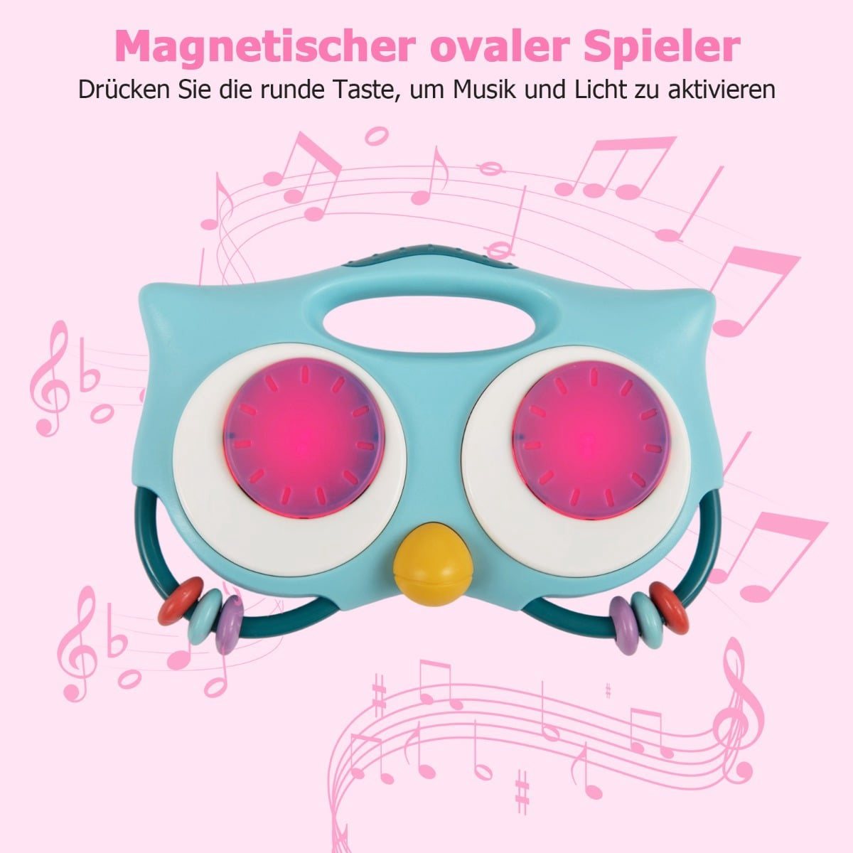 Een blauwe speelgoeduilmuzikant met kleurrijke kralen en gloeiende cirkels.