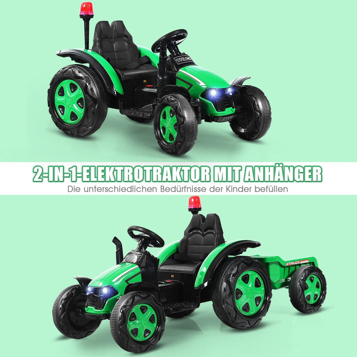 Green toy tractor with trailer, for kids, with lights.