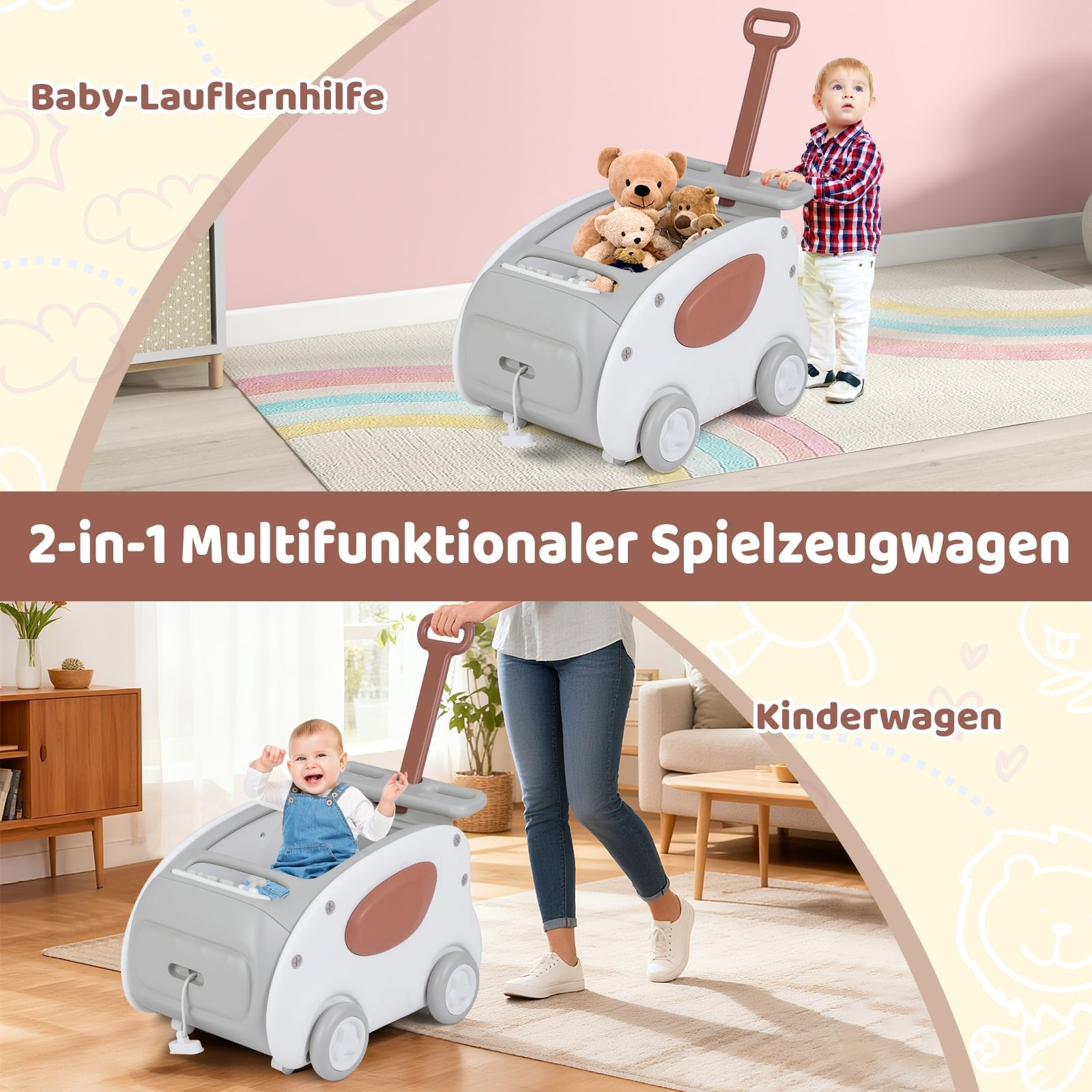 Een peuter duwt een speelgoedwagen met teddyberen. Beneden zit een baby erin.
