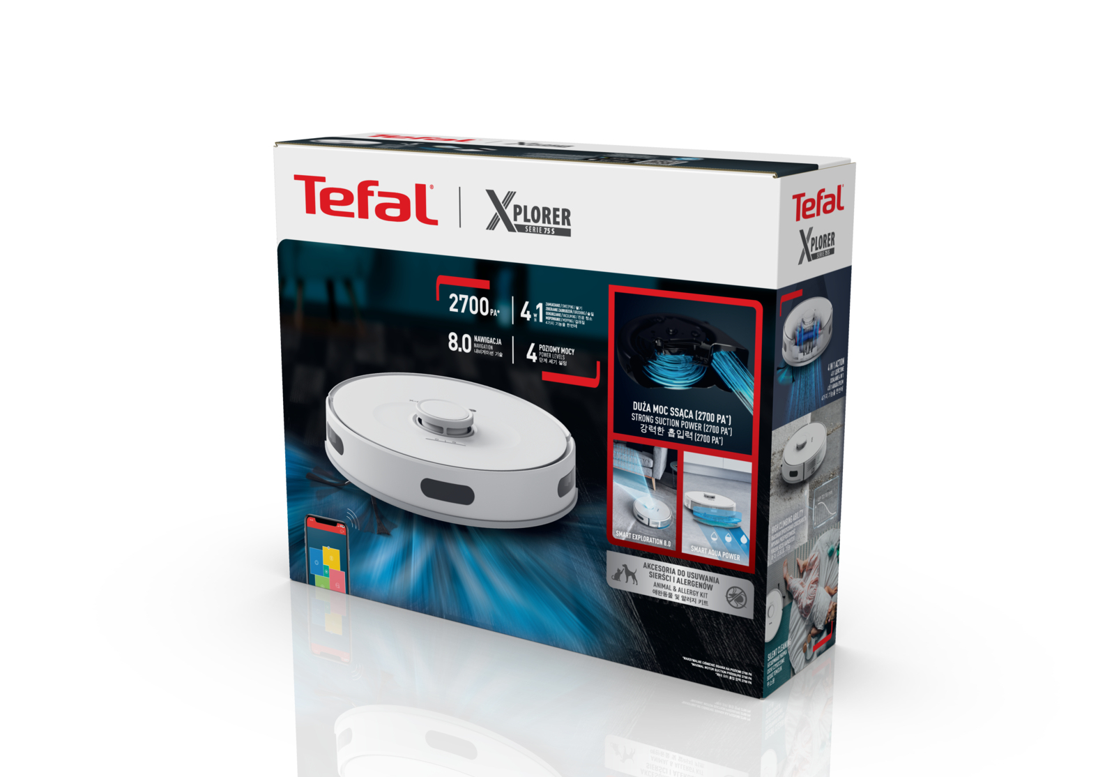 Beyaz Tefal XPLORER robot süpürge ambalajı ürün resmi ve teknik özellikleriyle.
