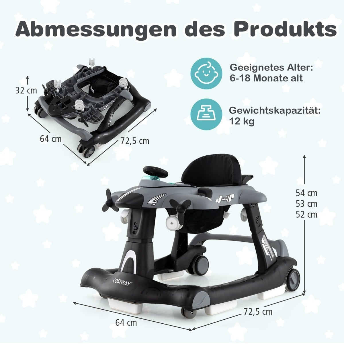 Een grijze baby-loopstoel in vliegtuigvorm met afmetingen en leeftijdsindicatie.