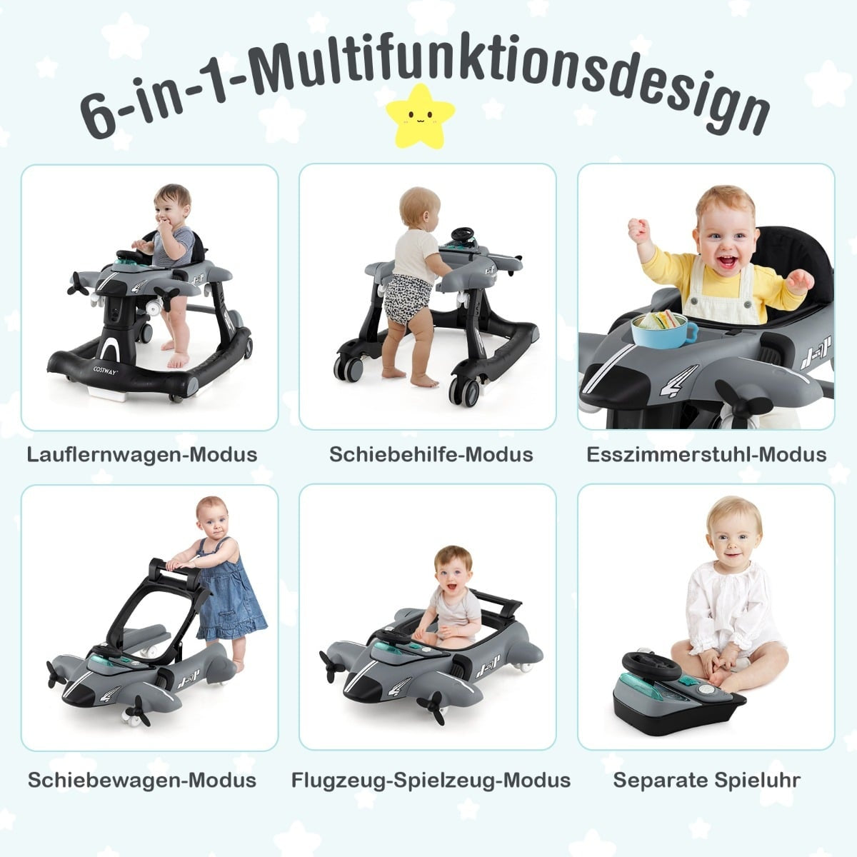 Een baby in een loopstoel, duwstoel, kinderstoel, vliegtuigspeelgoed en muziekdoos.