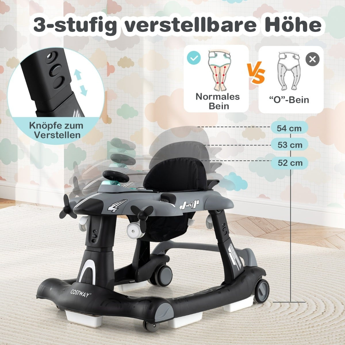 Grijze babywalker in vliegtuigvorm met verstelbare hoogte. (52-54cm)