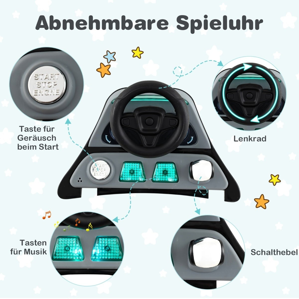 Een speelgoed dashboard met stuur, knoppen en versnellingspook.