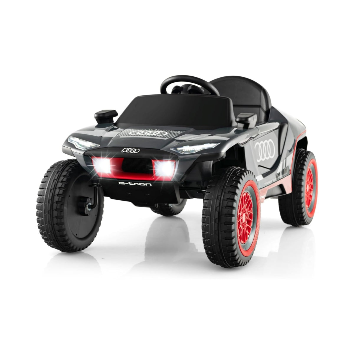 A black Audi e-tron electric toy car with red wheels.