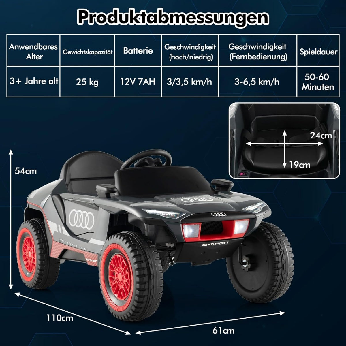 Gray electric ride-on car with red wheels, dimensions, and specifications.
