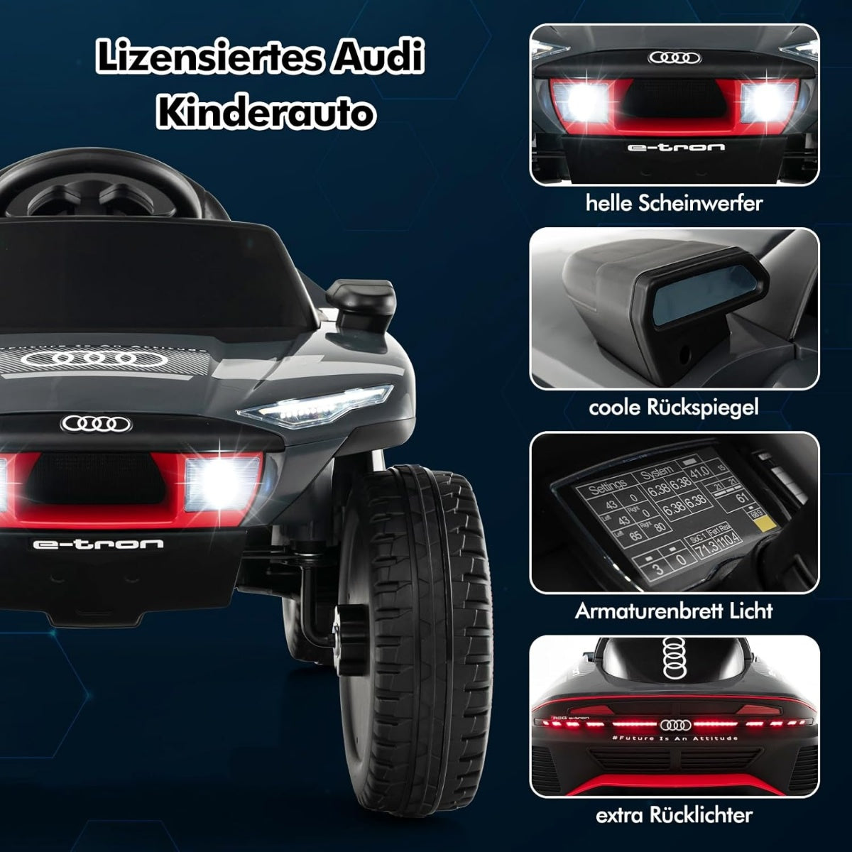 Licensed gray Audi kids' electric car with lights and dashboard.