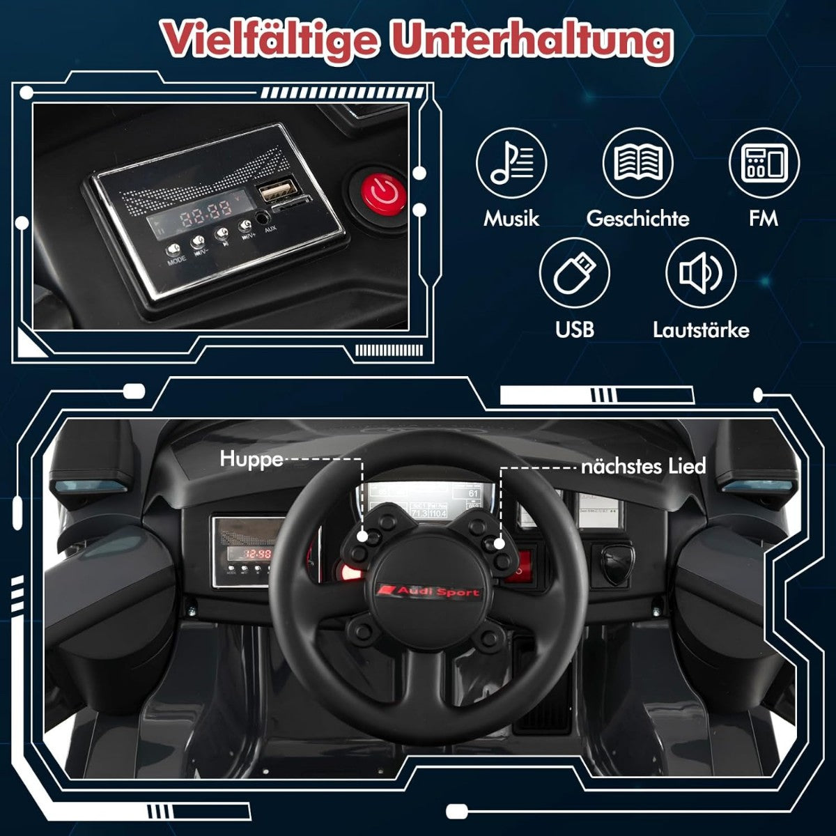 Dashboard of a toy car with steering wheel, display, and control buttons.