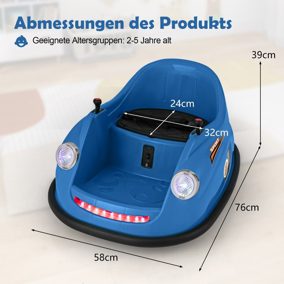 Blue kids bumper car with dimensions 58x76x39cm. Suitable for ages 2-5.