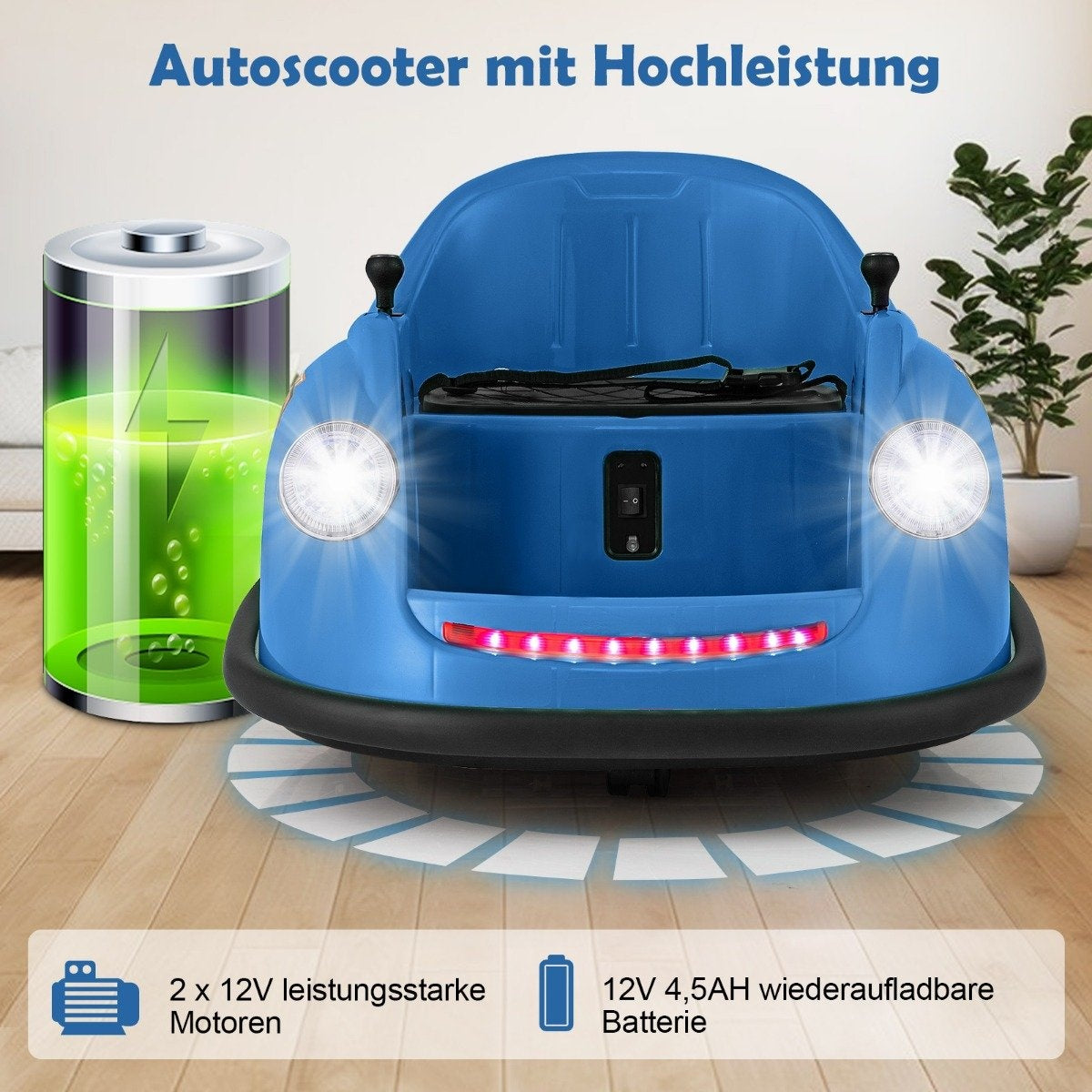 A blue children's bumper car with illuminated headlights and red LED taillights.
