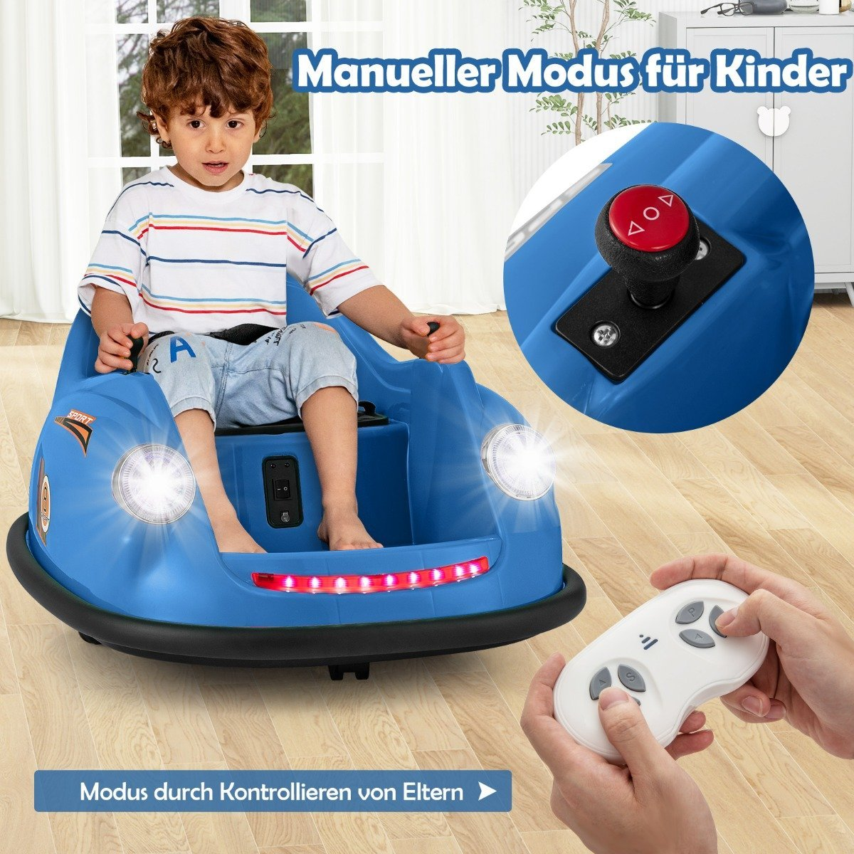 A boy sits in a blue child's car controlled by a remote.