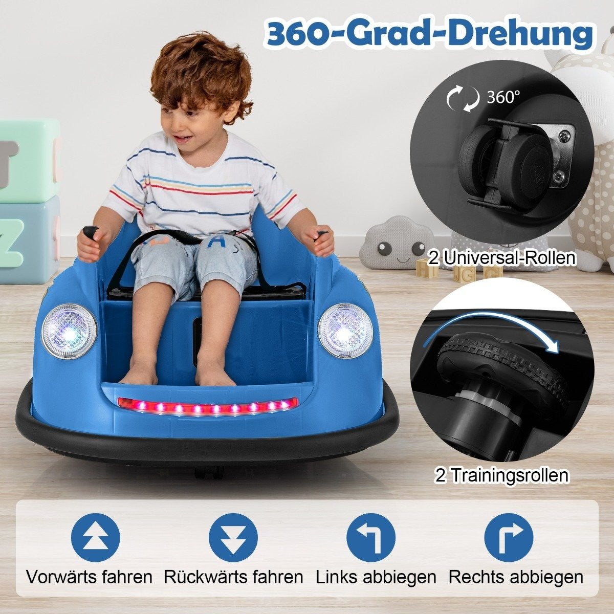 Young boy in blue electric car with lights and wheels, 360-degree rotation.