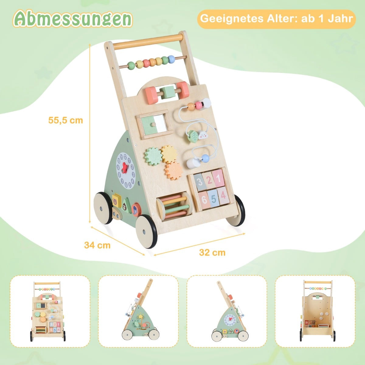 Een houten loopwagen met veel leerspellen en kleurrijke kralen.
