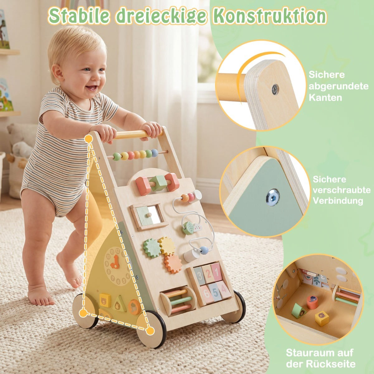 Baby duwt een houten activiteitwalker met kleurrijke kralen en cijfers.