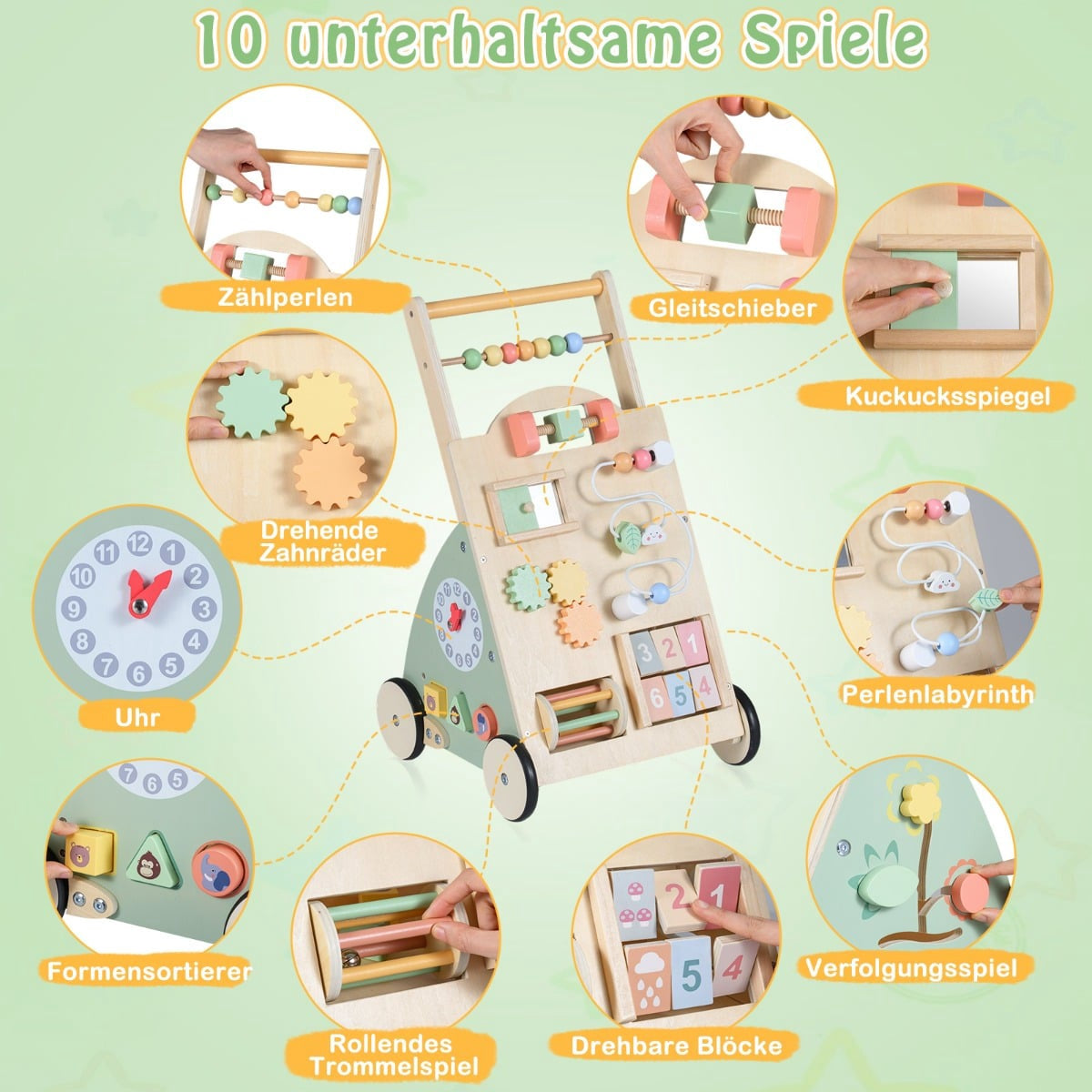 Een houten activiteitentrolley met kralen, klok, tandwielen, spiegel en andere spellen.