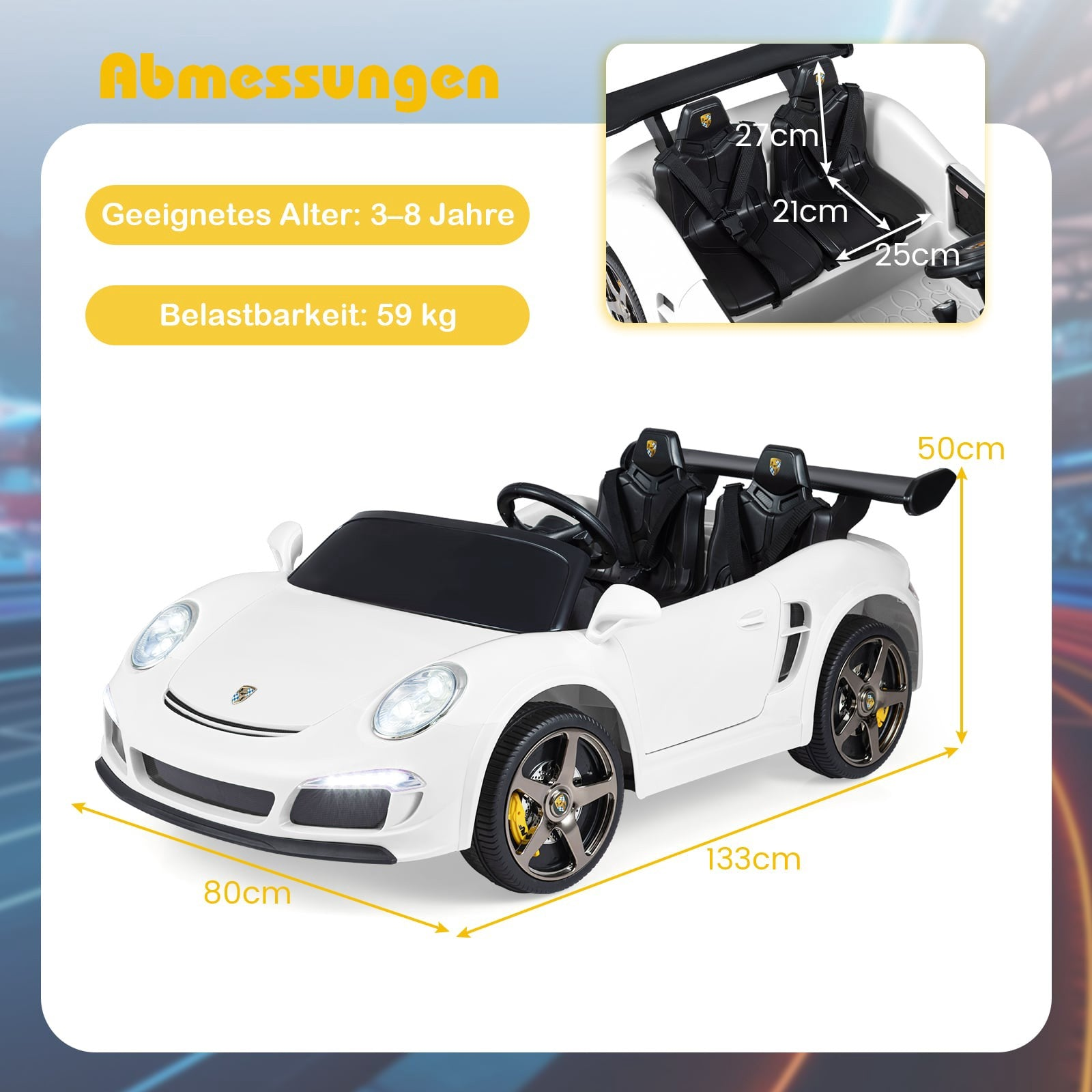 White electric car with two seats, dimensions 133x80x50cm. Age 3-8 years.