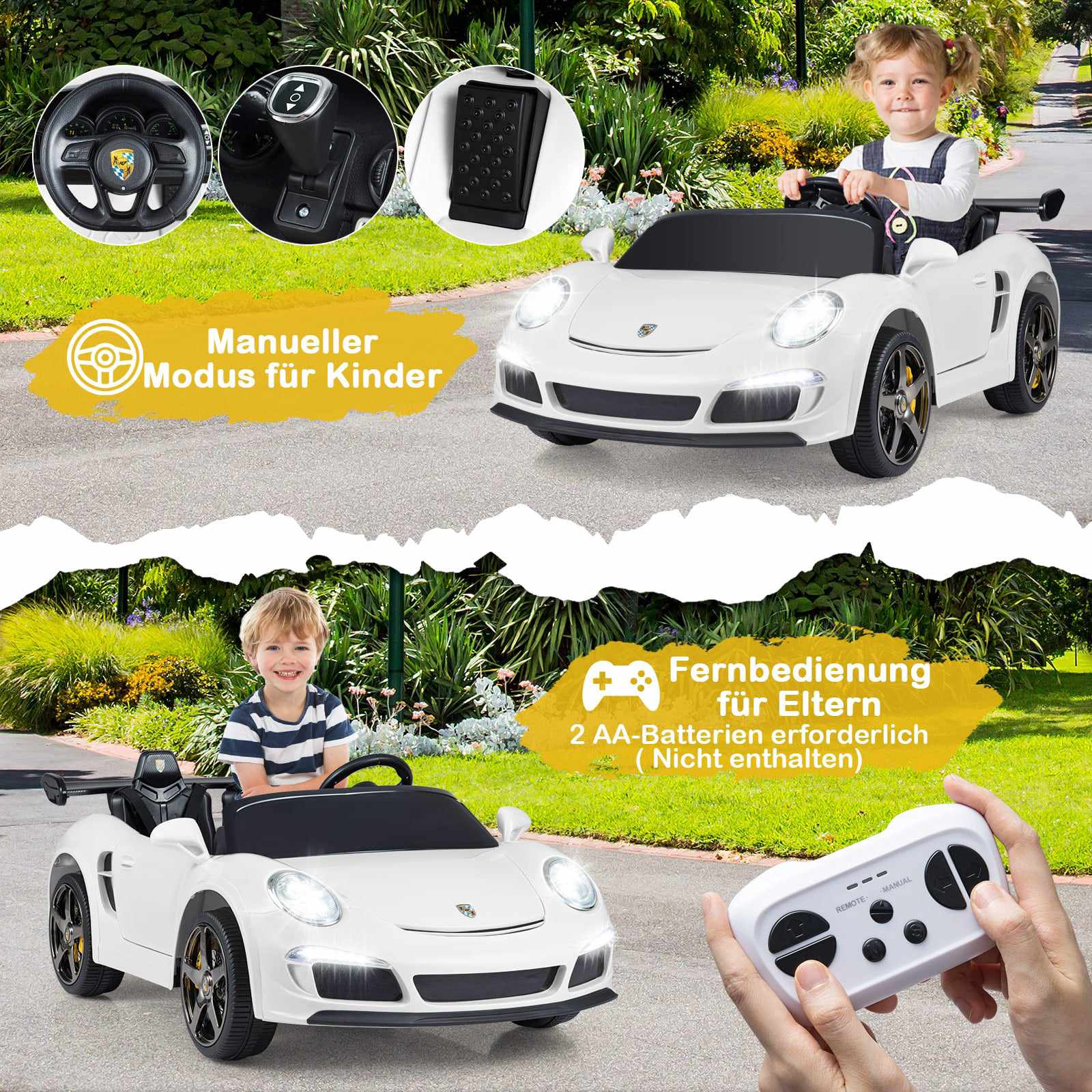 A white children's car with steering wheel, gear stick and pedal. A boy is sitting in the car.