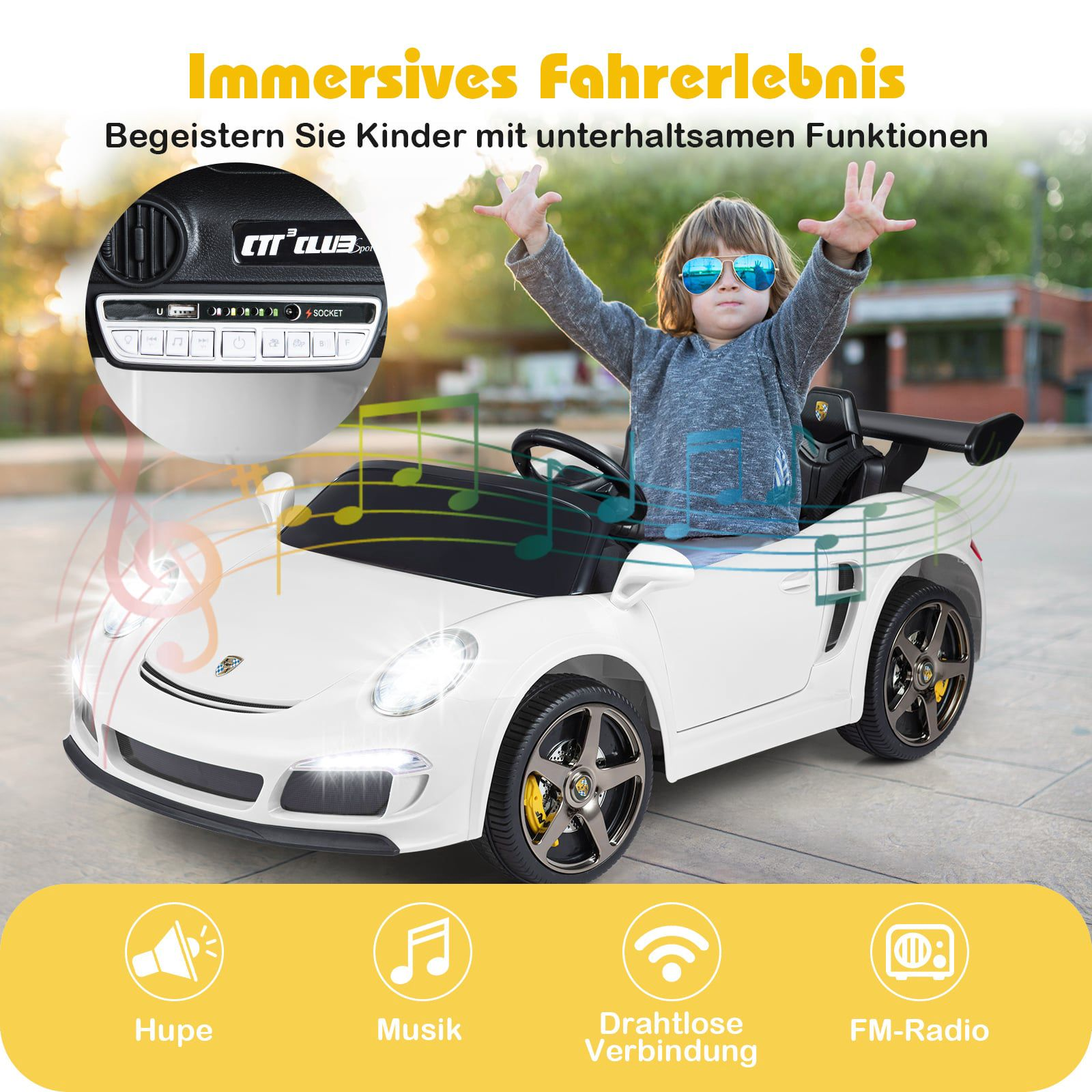 A boy in a white electric car with lights and musical notes.