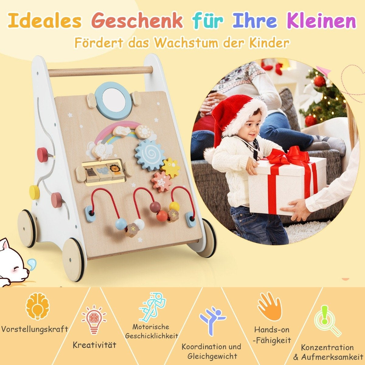 Wooden activity walker with beads and gears, ideal for toddlers.