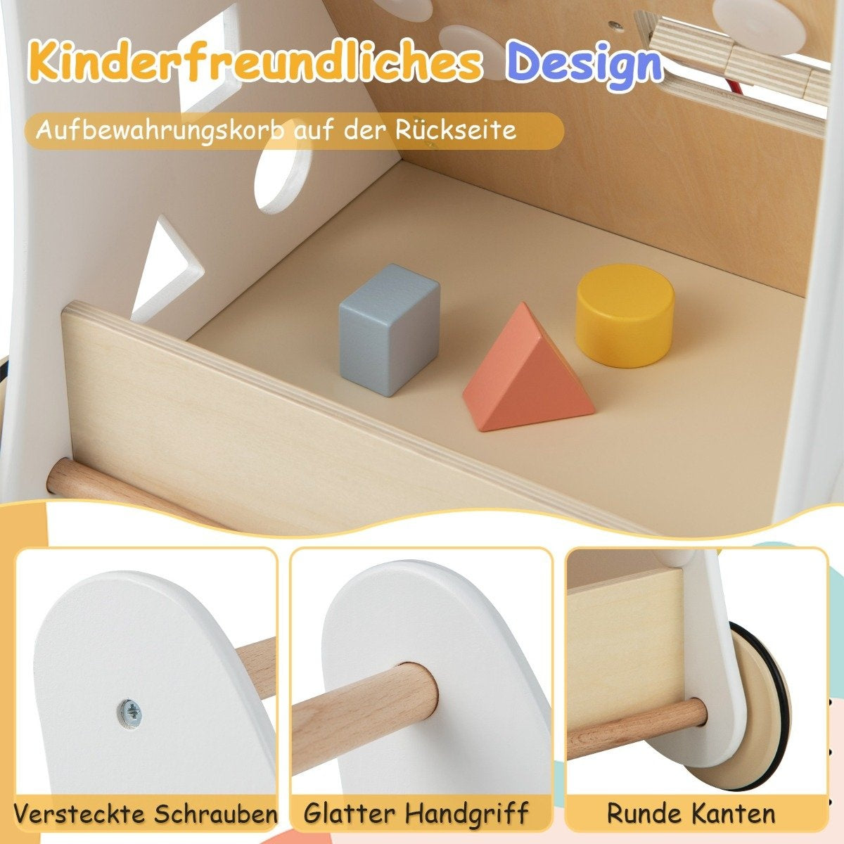 A wooden toy with colorful shape blocks and three detail views.