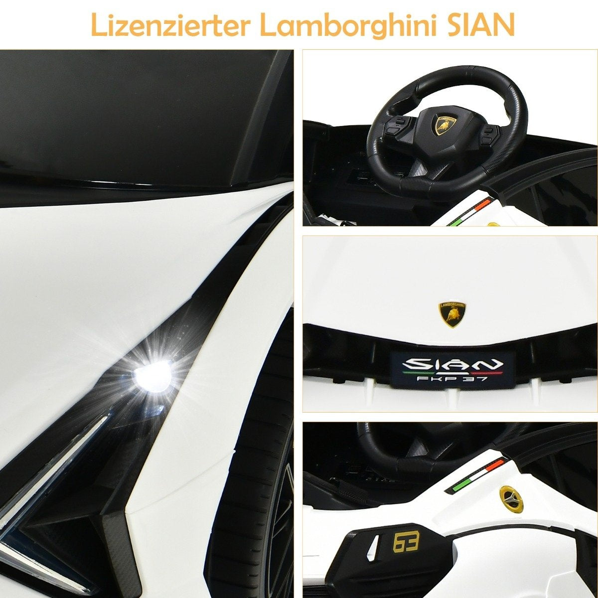 A white toy Lamborghini Sian car with steering wheel and emblem.