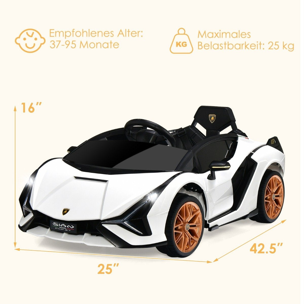A white kids' electric car with gold wheels, dimensions 25x42.5x16 inches.