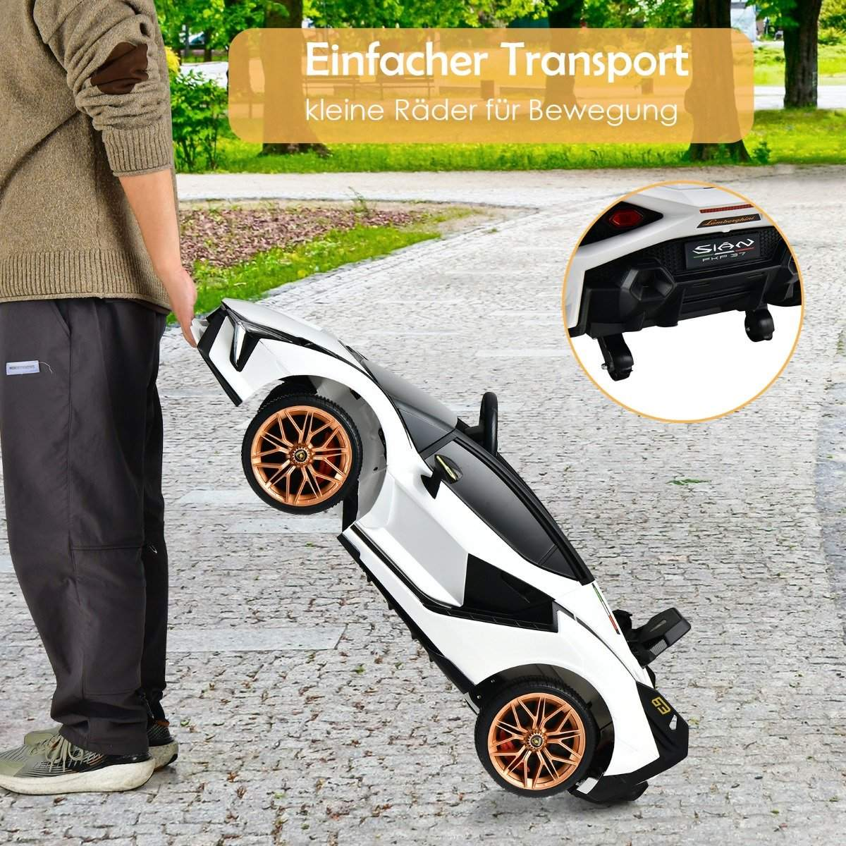 A white toy car is pulled by a person by the wheels for transportation.