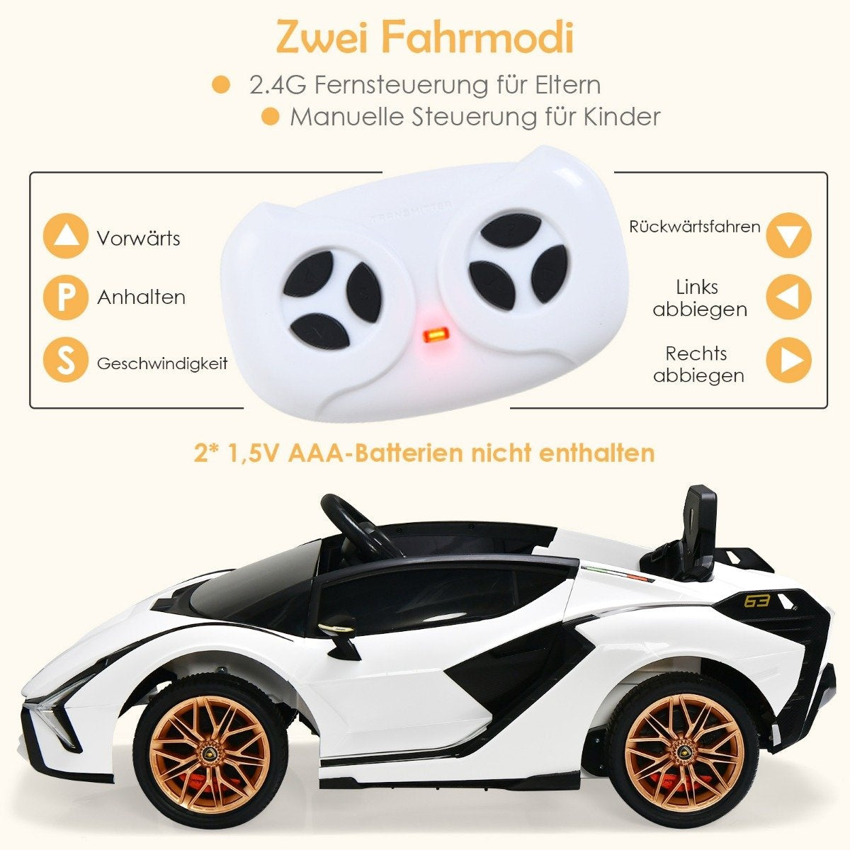 White electric car with remote control for parents and children. Includes instructions.