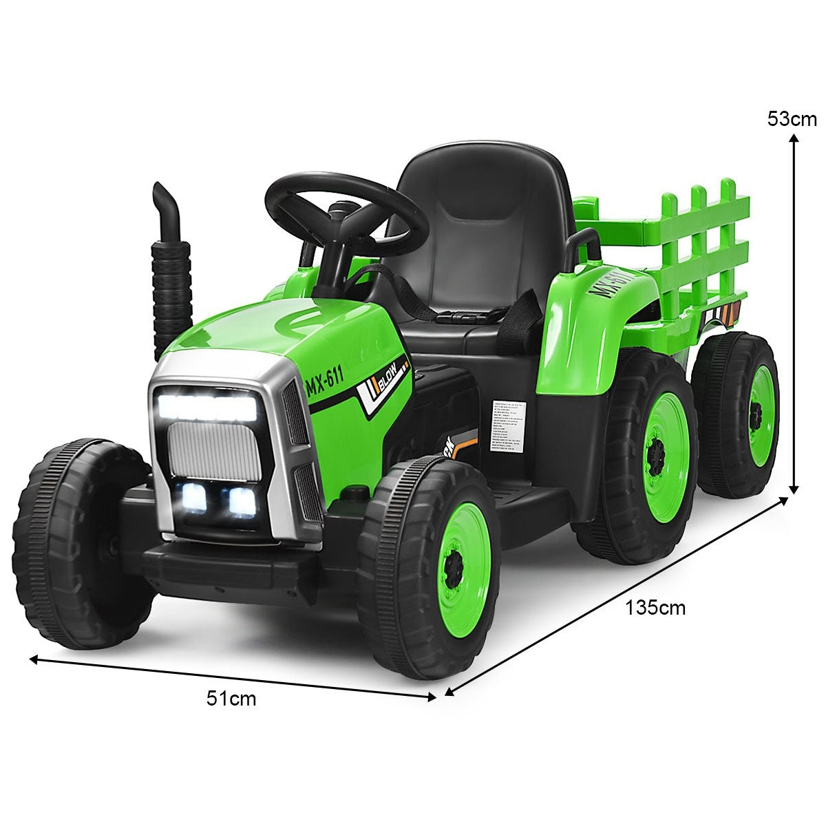 A bright green toy tractor with a black seat, steering wheel, and trailer. Dimensions are shown.