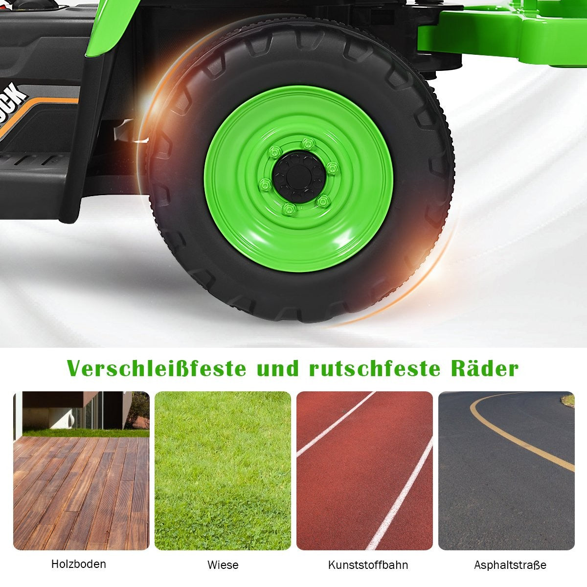 Green wheel of a toy vehicle on different surfaces: wood, grass, track, and asphalt.