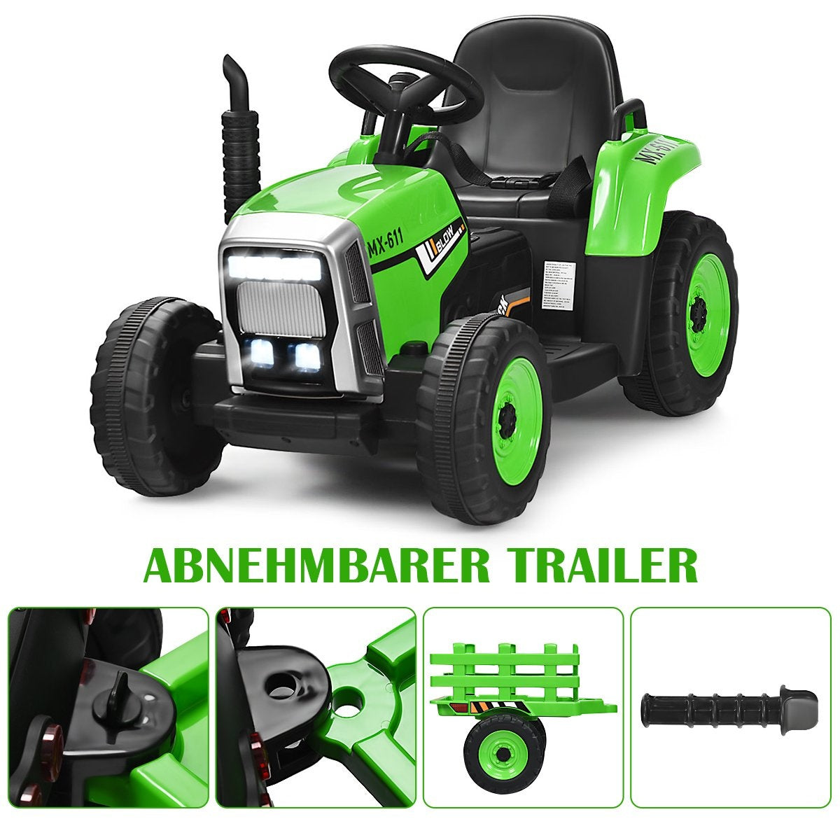 Green toy tractor with trailer details: front wheel, hitch, trailer, and handle.