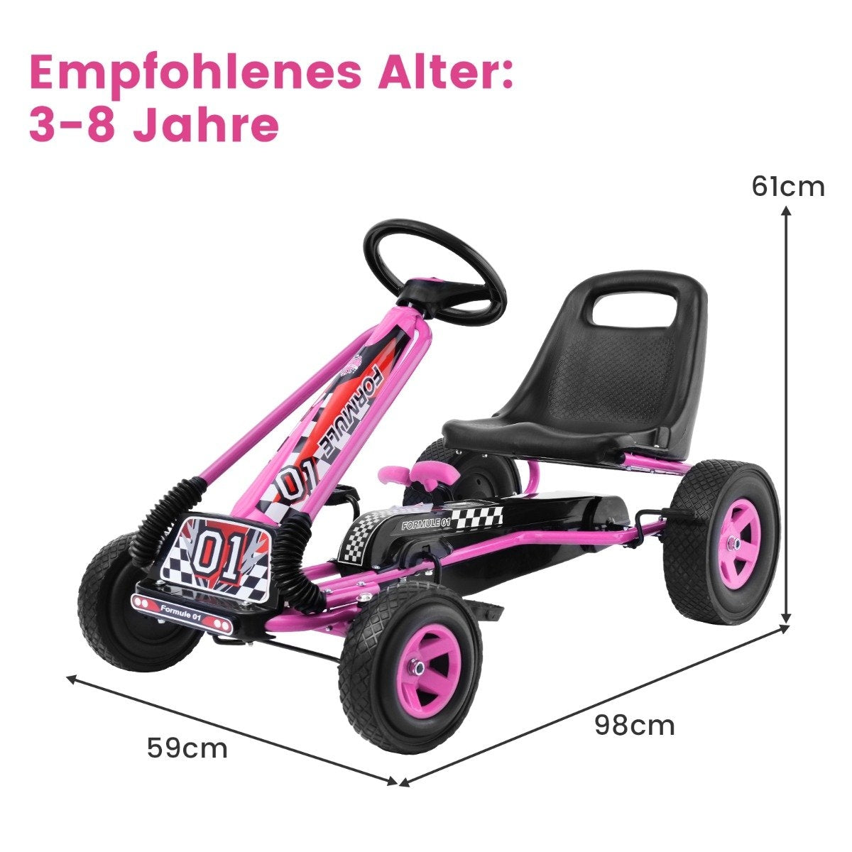 A pink go-kart with black tires and seat, dimensions 98x59x61cm.