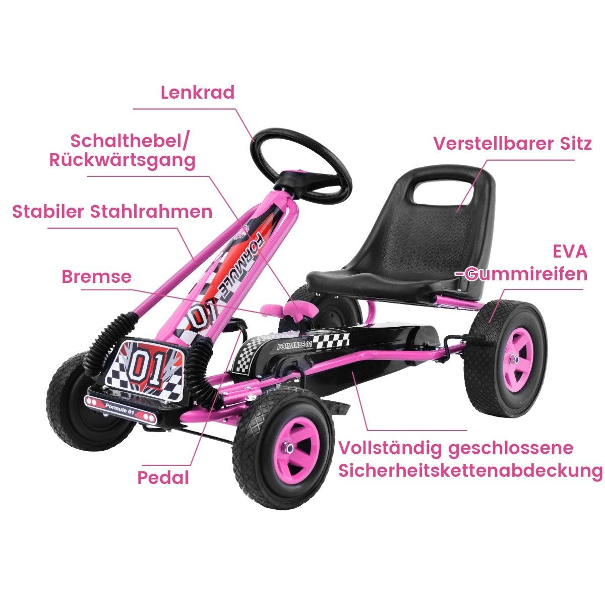 A pink go-kart with black details, adjustable seat, and steering wheel.