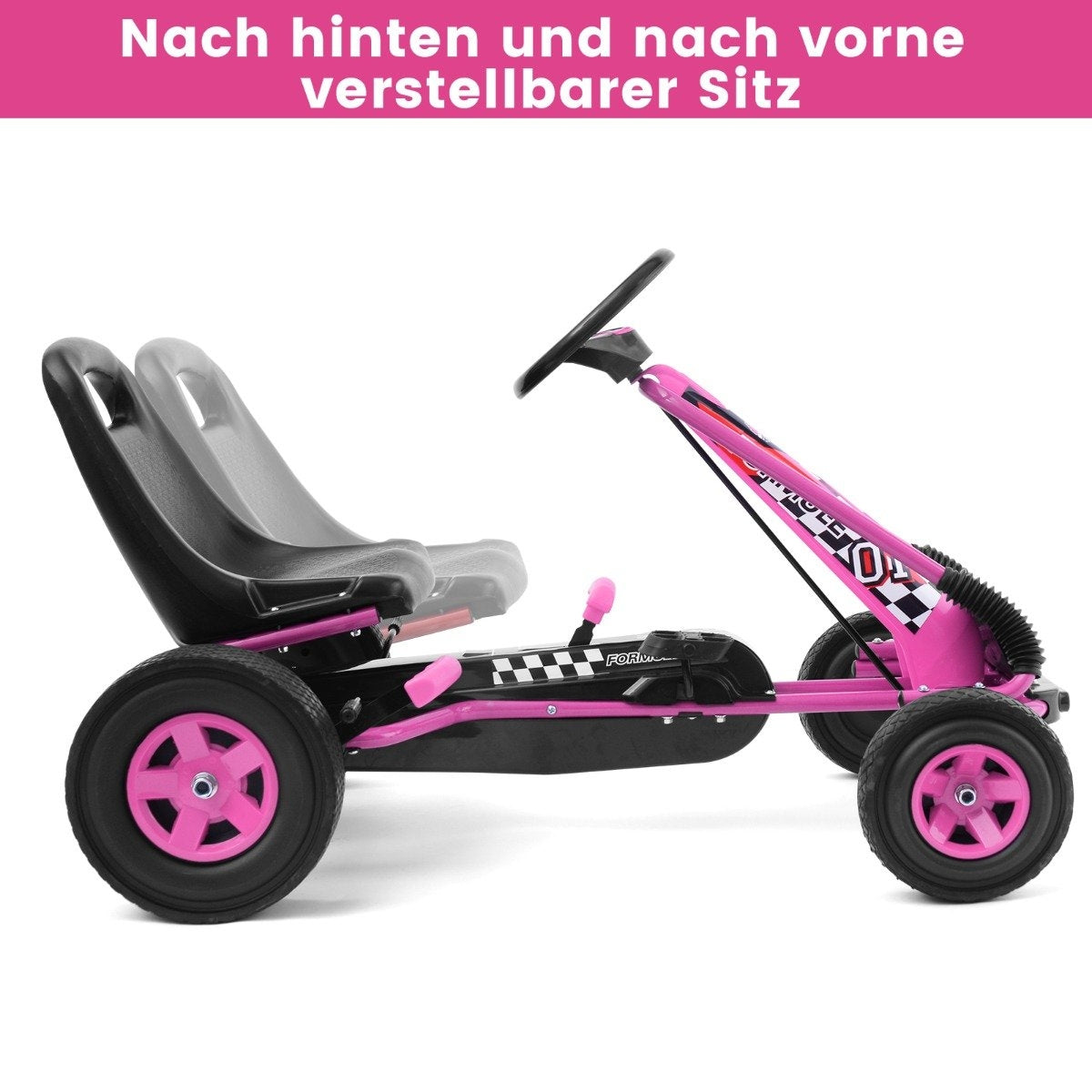 A pink go-kart with black wheels and an adjustable seat, shown from the side.