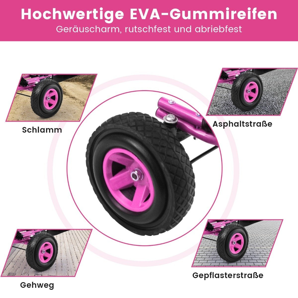 A pink wheel with a black tire on various surfaces.