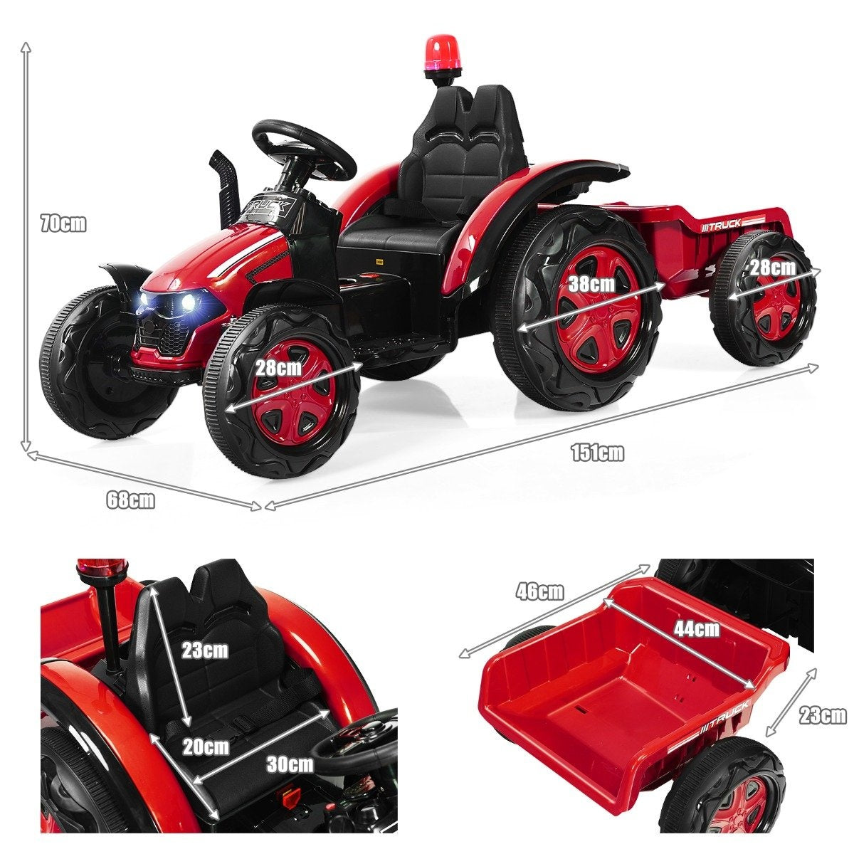 Red toy tractor with trailer, dimensions are shown.