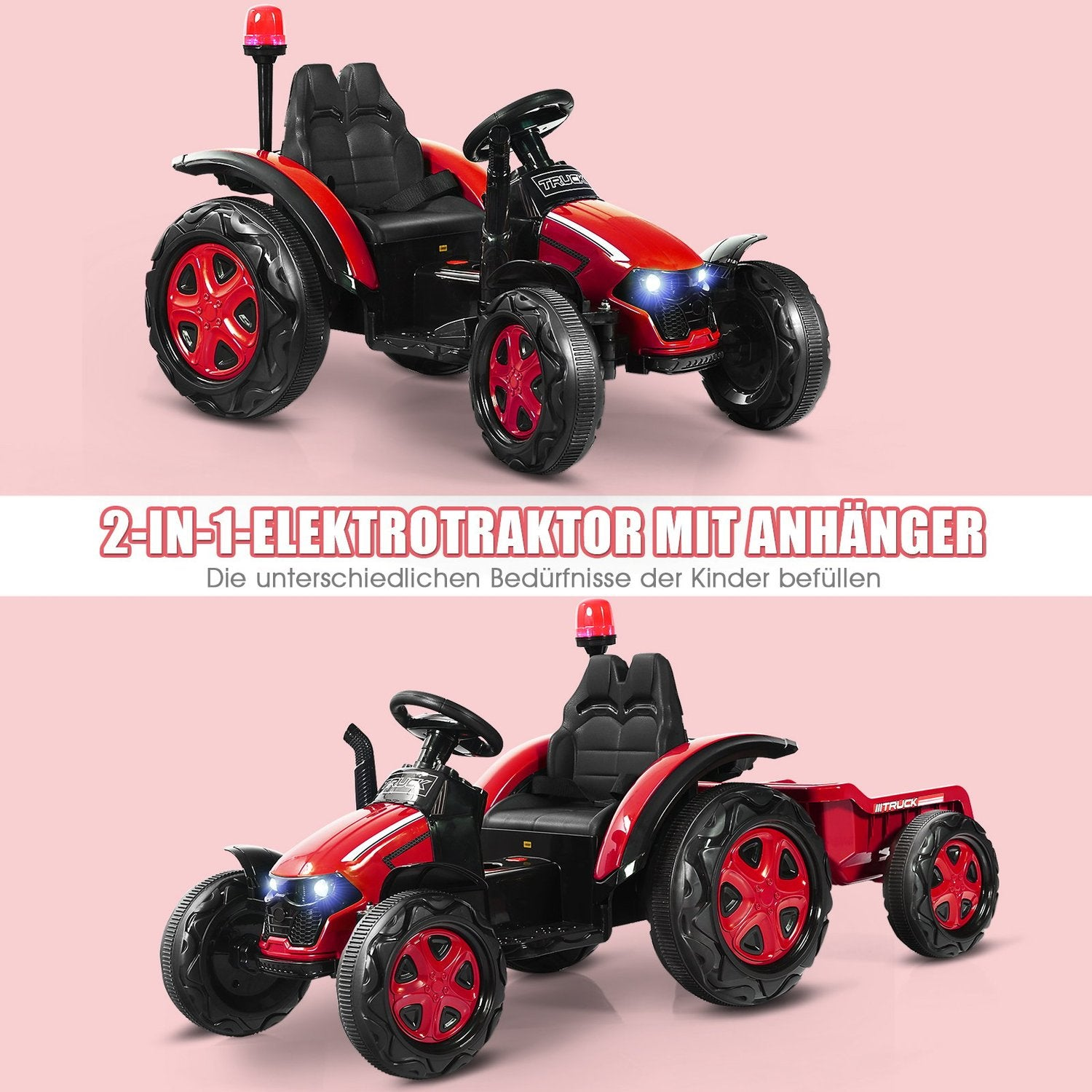 A red electric tractor with trailer for children, featuring black seats and wheels.