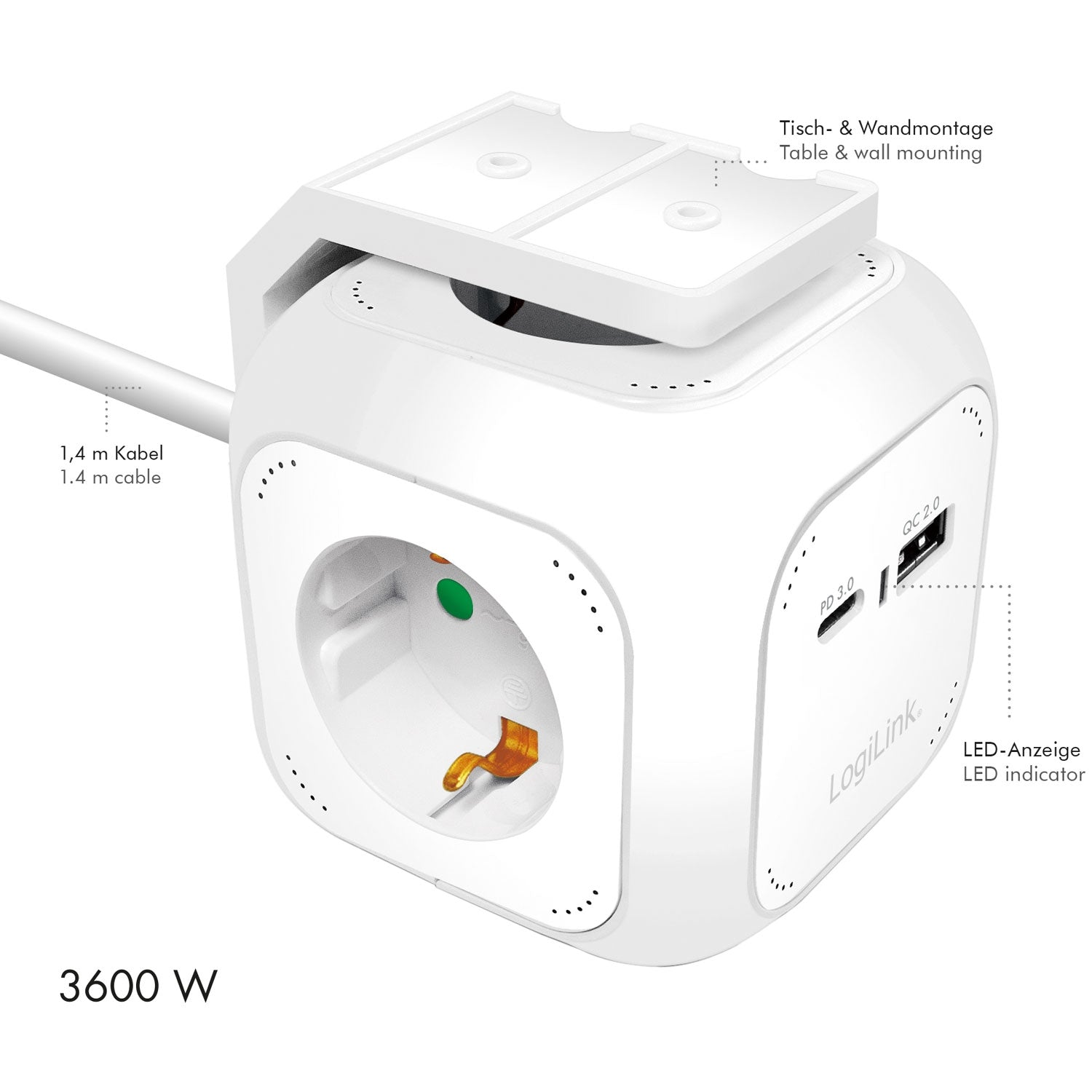 Un adaptador blanco cúbico con enchufe, puertos USB, cable y opciones de montaje.