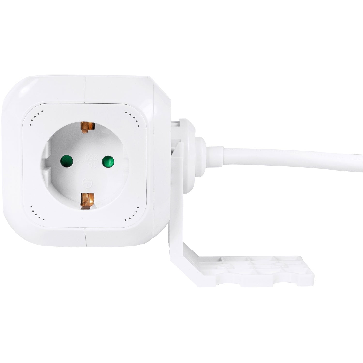 Un adaptador de corriente blanco con una toma Schuko y un cable.
