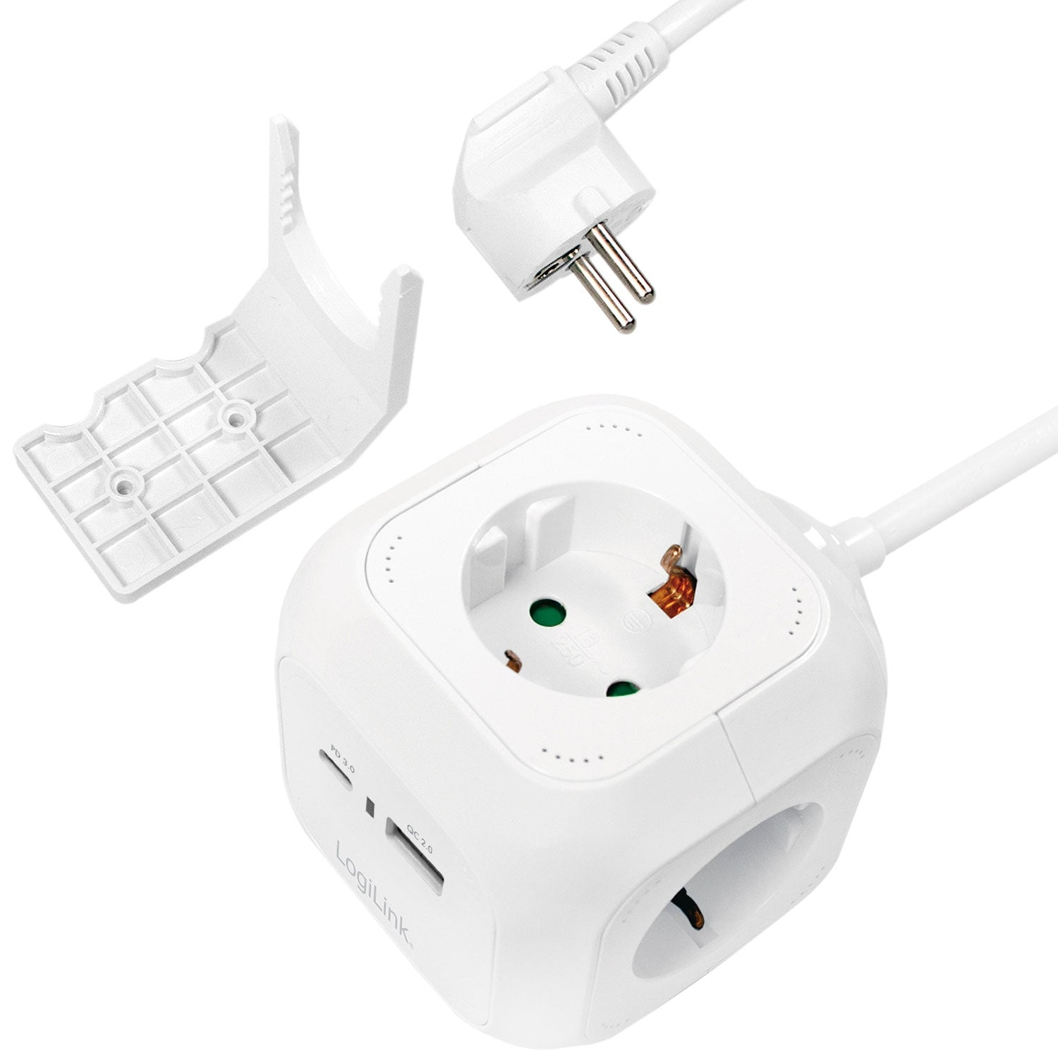 Un cubo de regleta blanco con puertos USB, un enchufe desmontable y un soporte.