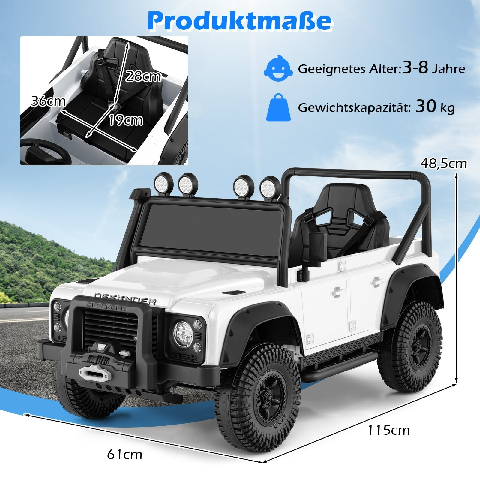 White toy Defender jeep with dimensions and age/weight specs shown.
