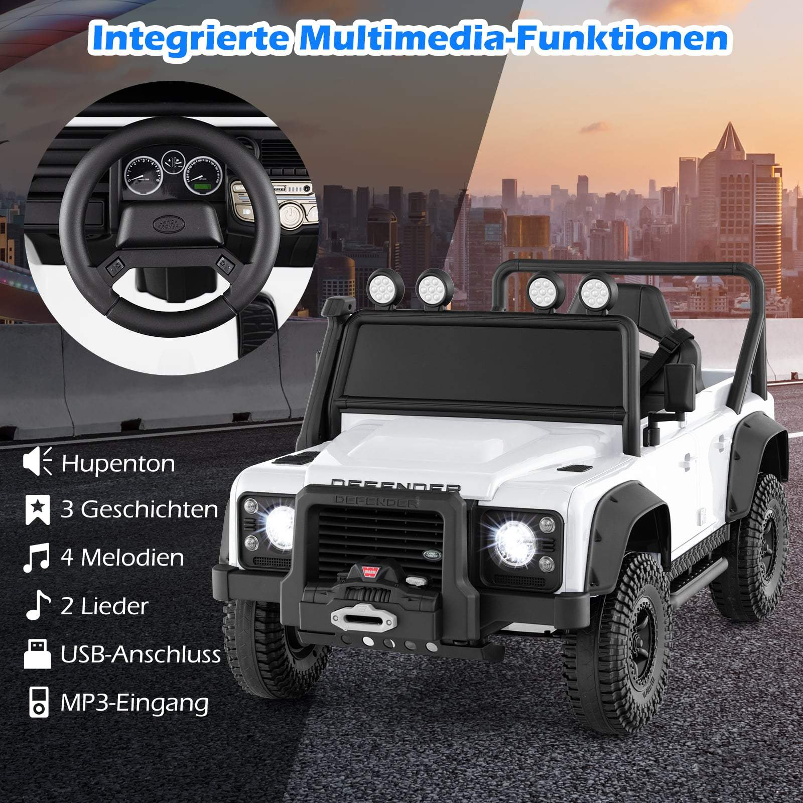 A white toy off-road vehicle with black accents and lights.
