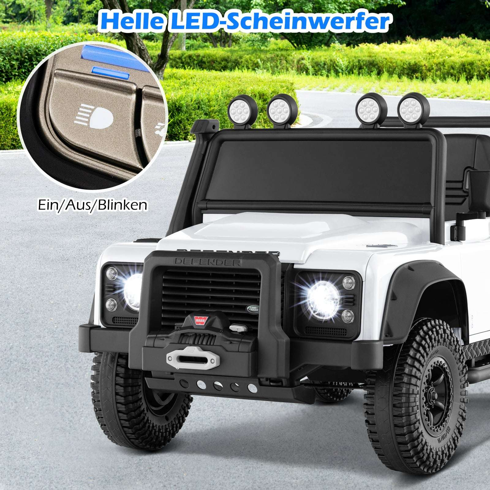 White Defender-style toy car with illuminated headlights and auxiliary lights.