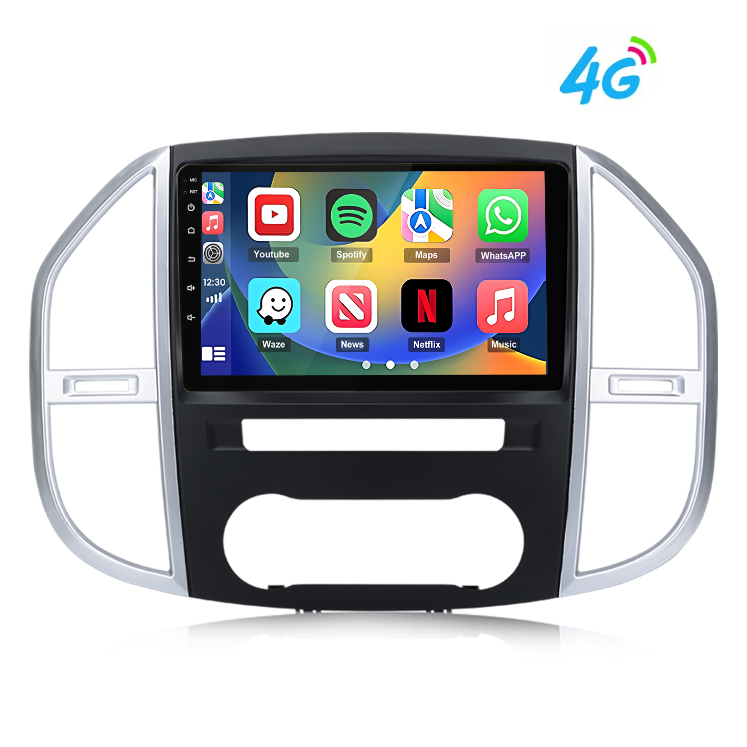 Un display per autoradio mostra icone di app come YouTube, Spotify e WhatsApp.