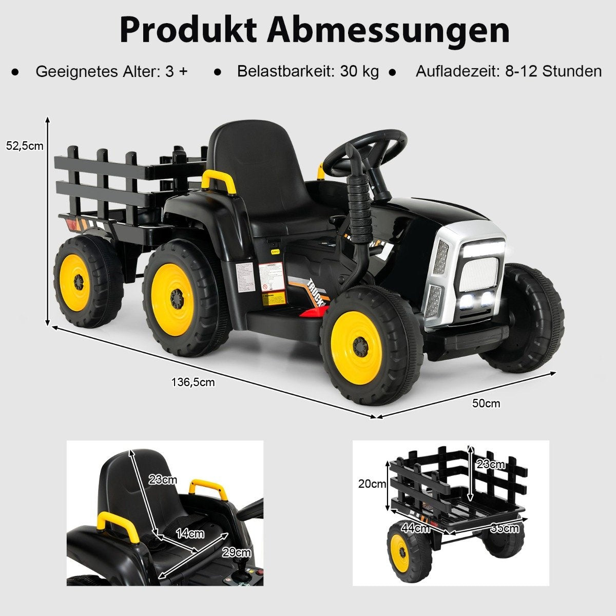 A black toy tractor with trailer, showing dimensions and age 3+.