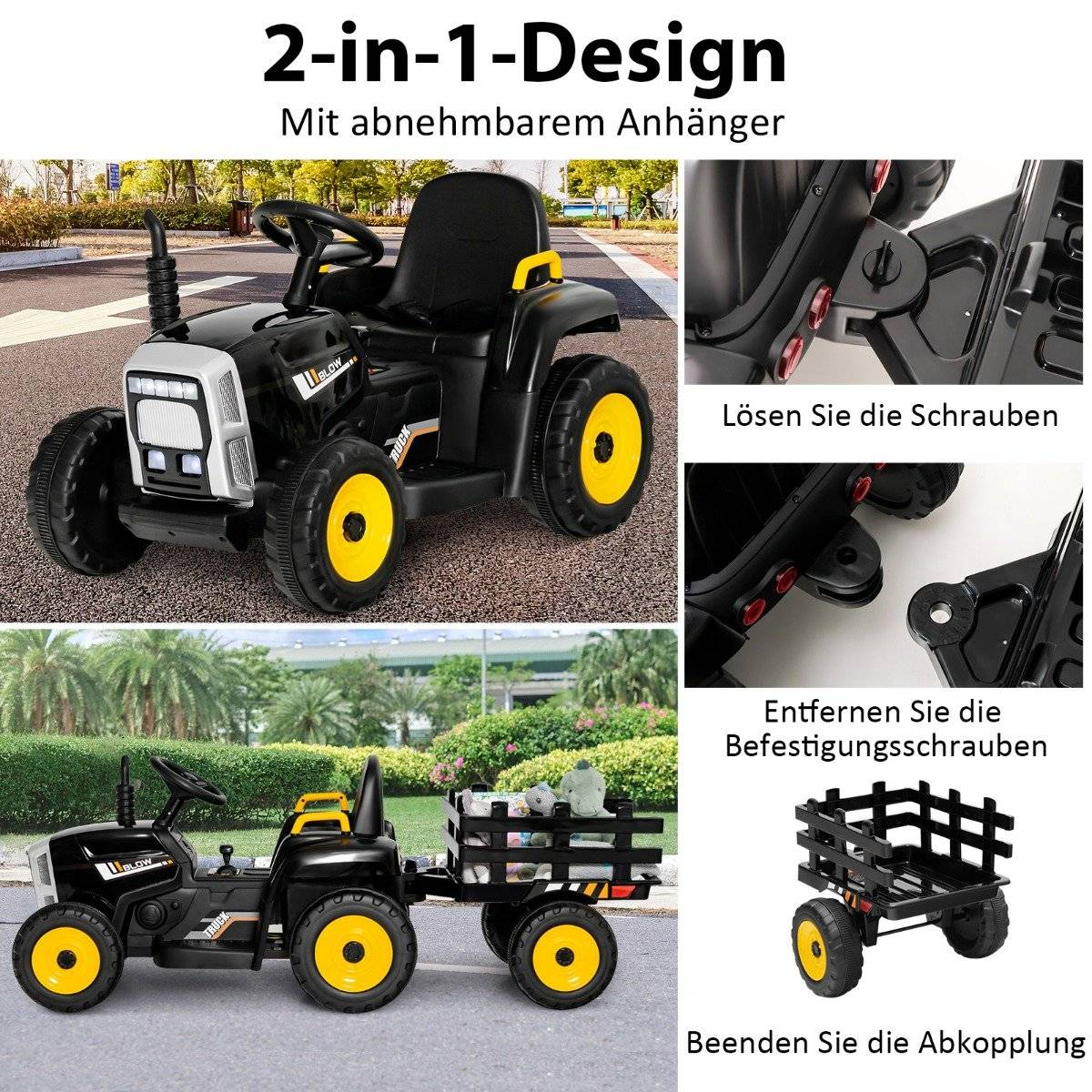 Black toy tractor with yellow wheels, with and without a trailer.