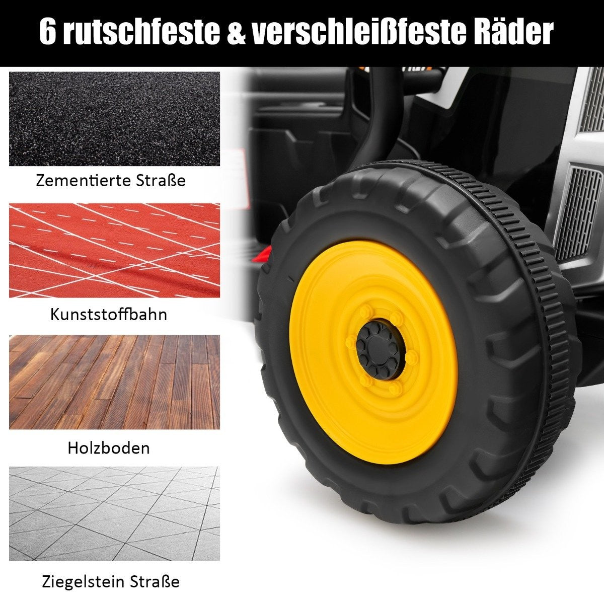 Close-up of a large black tractor wheel with a yellow rim and text.