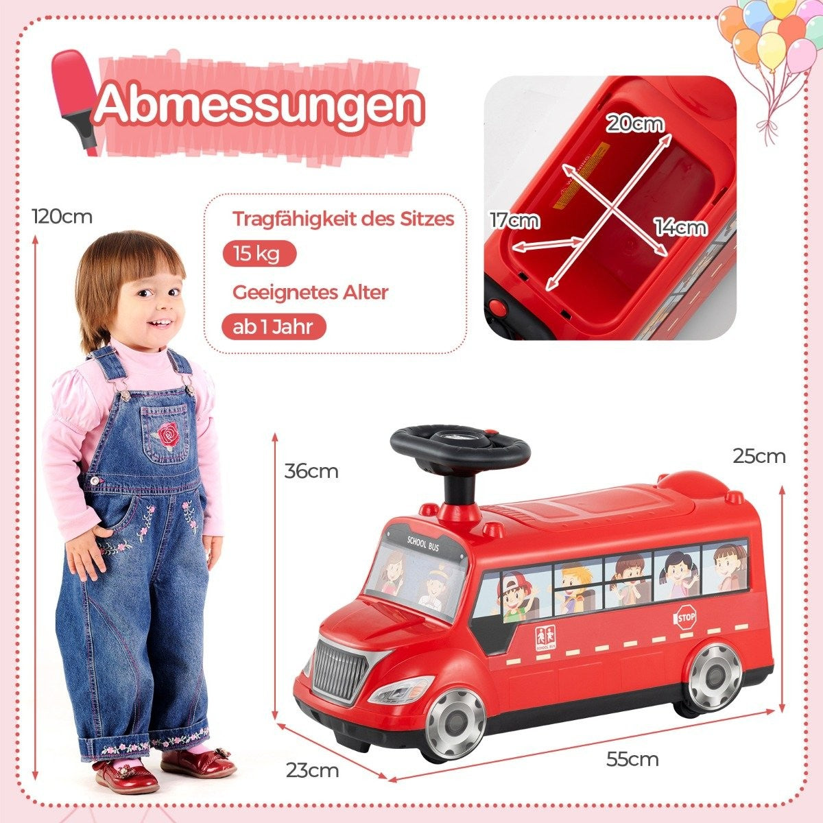 A child stands next to a red toy bus with dimensions. 120cm, 36cm, 23cm, 55cm, 25cm.