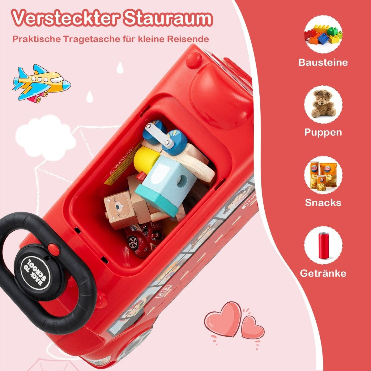 Red suitcase with toys, teddy bear, snacks, and drinks.