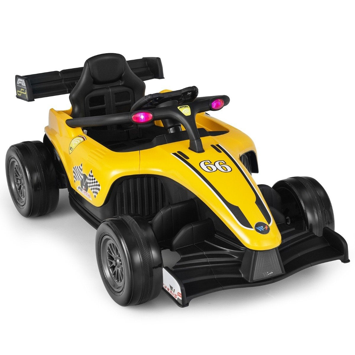 A yellow children's race car with black wheels, number 66, and wings.